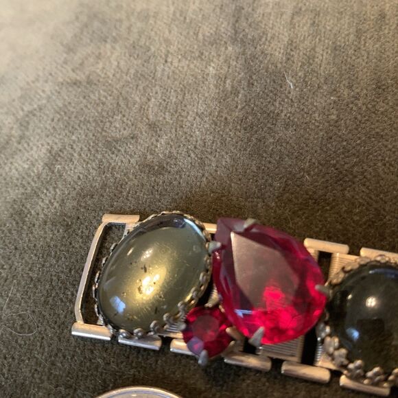 VTG Ruby Red & Smoky Gray Glass Cabochon Link Bracelet Gold Tone Art Deco Style - Picture 9 of 15